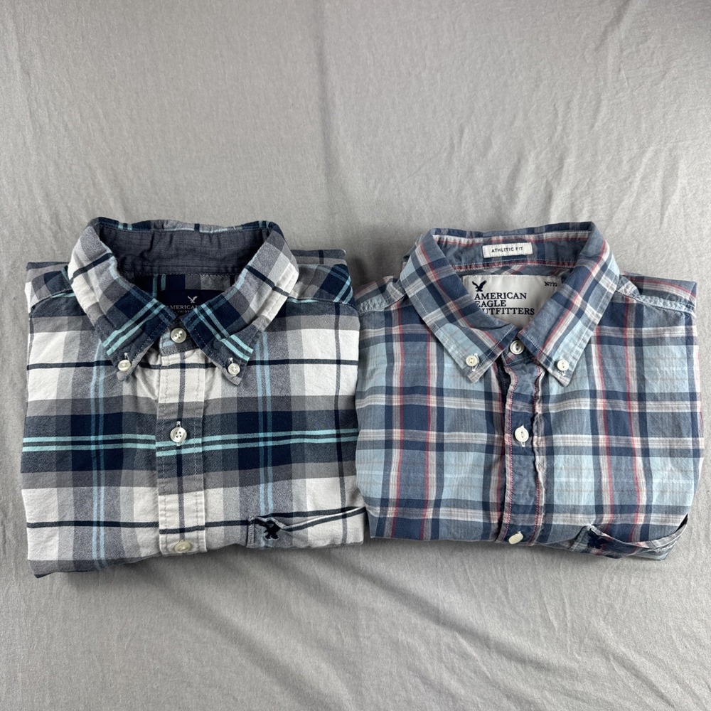 American Eagle Seriously Soft Shirt Mens M Blue Plaid Button Up Preppy Lot of 2